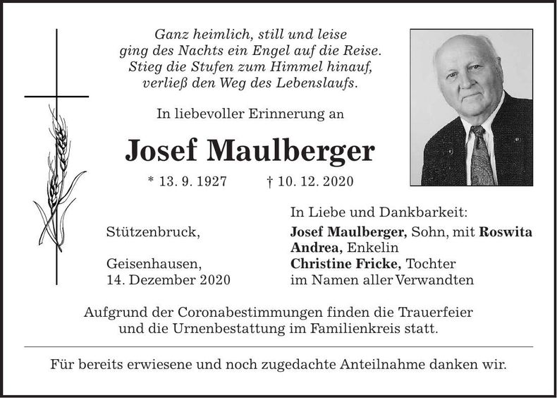 Traueranzeige Josef Maulberger