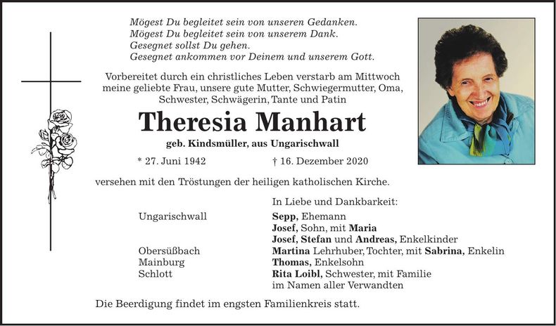 Traueranzeige Theresia Manhart