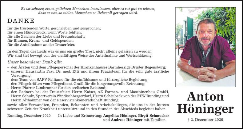 Traueranzeige Anton Höninger
