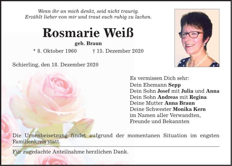 Traueranzeige Rosmarie Weiß