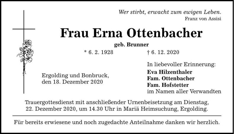 Traueranzeige Erna Ottenbacher