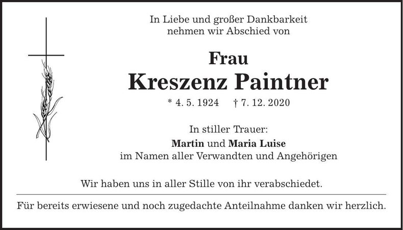 Traueranzeige Kreszenz Paintner