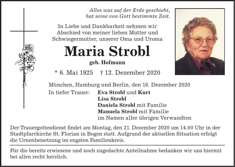 Traueranzeige Maria Strobl
