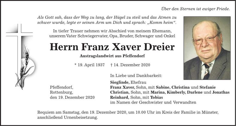 Traueranzeige Franz Xaver Dreier
