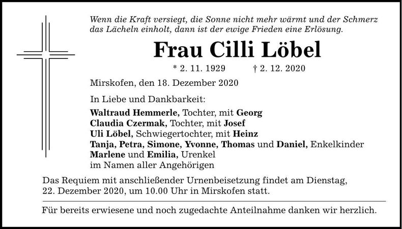 Traueranzeige Cilli Löbel