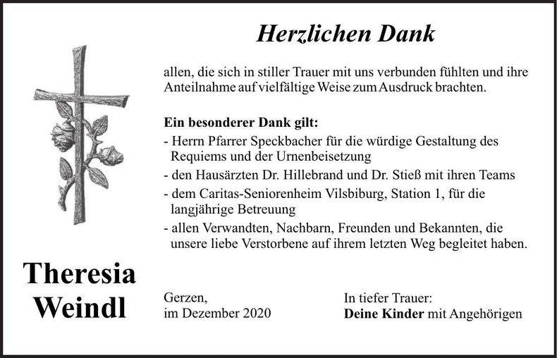Traueranzeige Theresia Weindl