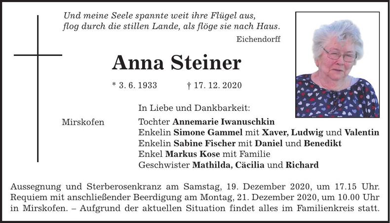 Traueranzeige Anna Steiner