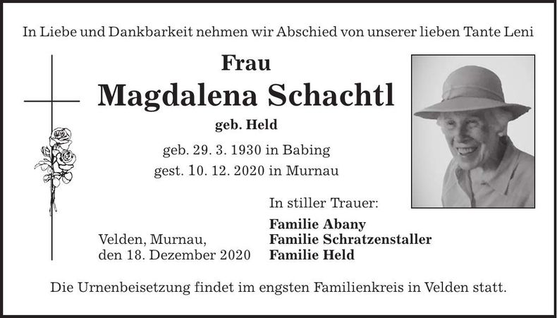 Traueranzeige Magdalena Schachtl