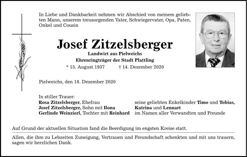 Traueranzeige Josef Zitzelsberger