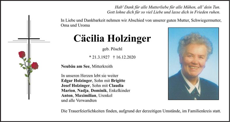 Traueranzeige Cäcilia Holzinger