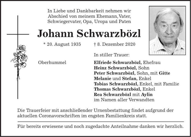 Traueranzeige Johann Schwarzbözl