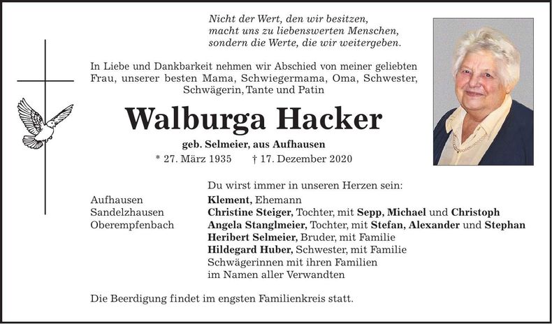 Traueranzeige Walburga Hacker