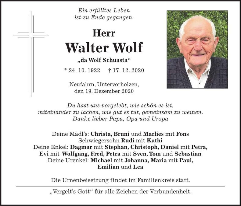 Traueranzeige Walter Wolf