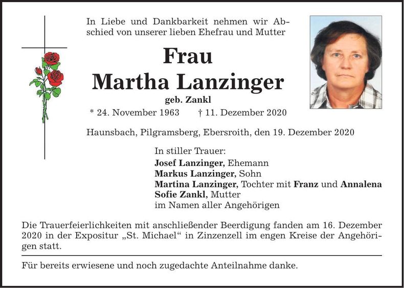 Traueranzeige Martha Lanzinger