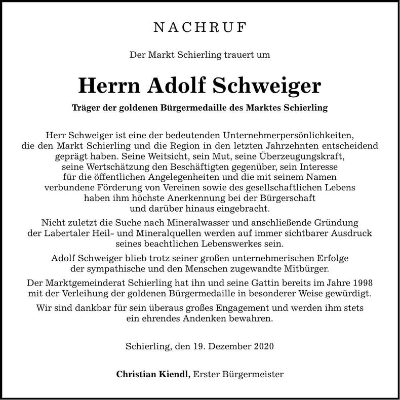 Traueranzeige Adolf Schweiger