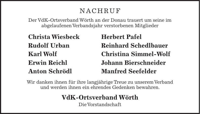 Traueranzeige Ortsverband Vdk Wörth