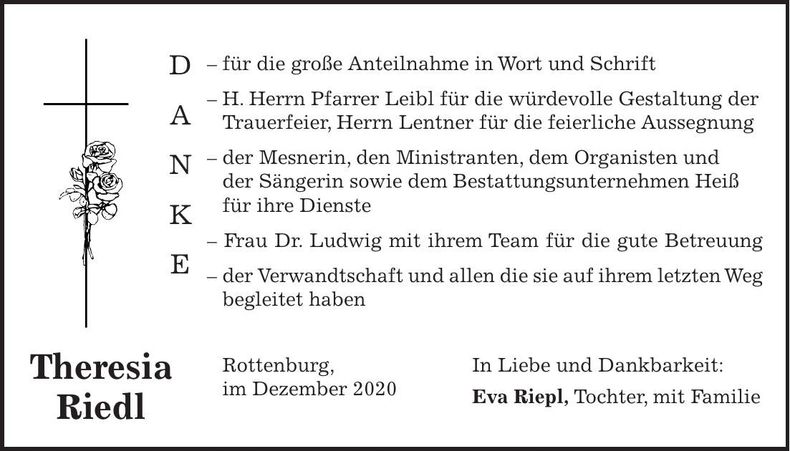 Traueranzeige Riedl Theresia
