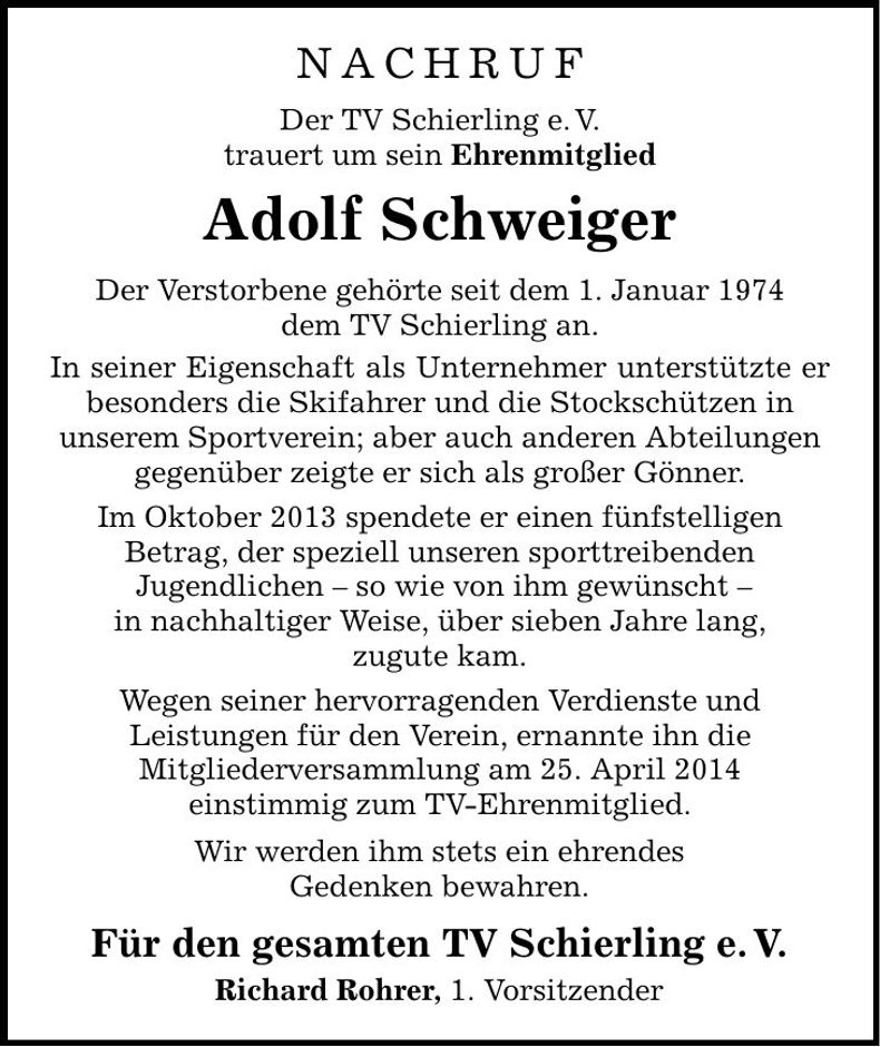 Traueranzeige Adolf Schweiger