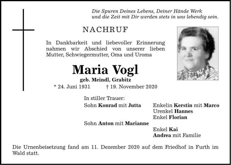 Traueranzeige Maria Vogl