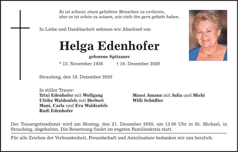 Traueranzeige Helga Edenhofer