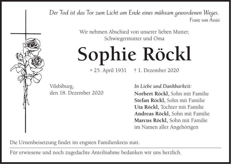 Traueranzeige Sophie Röckl