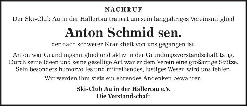 Traueranzeige Anton Schmid sen.