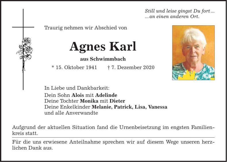 Traueranzeige Agnes Karl
