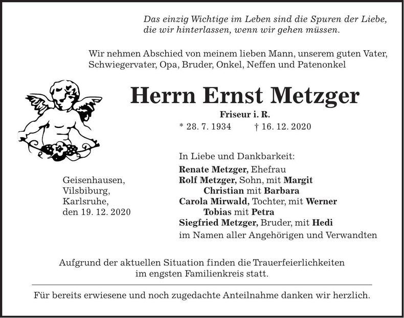 Traueranzeige Ernst Metzger