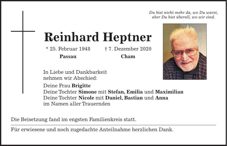 Traueranzeige Reinhard Heptner