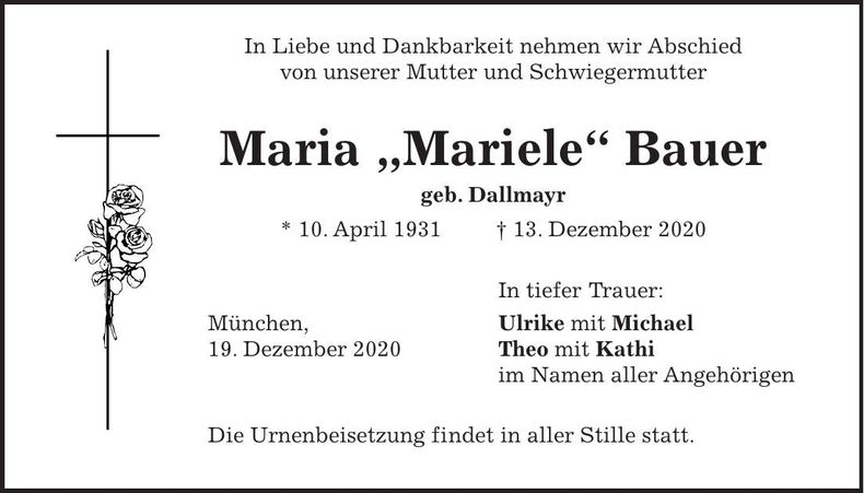 Traueranzeige Maria Bauer