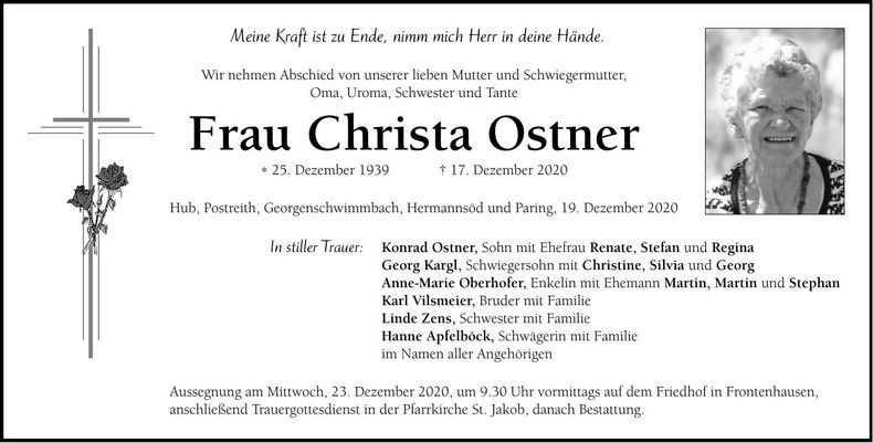 Traueranzeige Christa Ostner