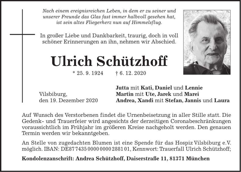 Traueranzeige Ulrich Schützhoff