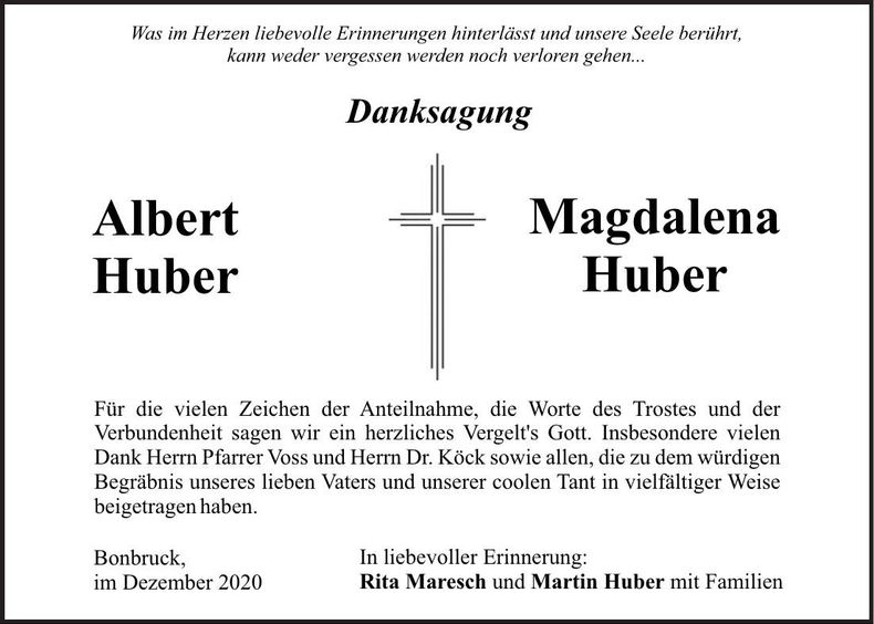 Traueranzeige Albert und Magdalena Huber