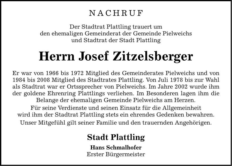Traueranzeige Josef Zitzelsberger