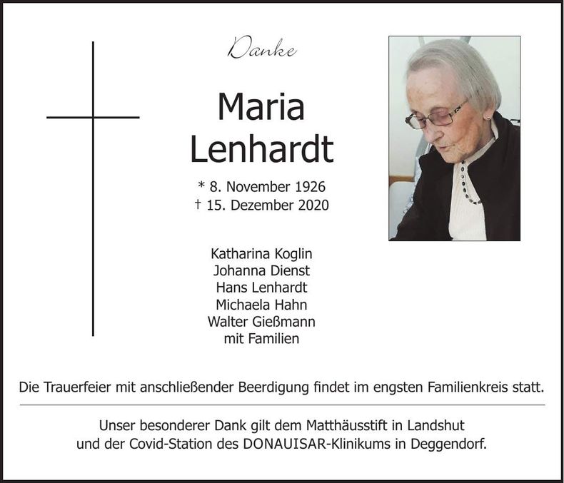 Traueranzeige Maria Lenhardt