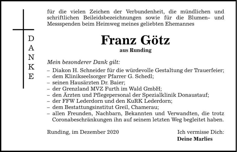 Traueranzeige Franz Götz