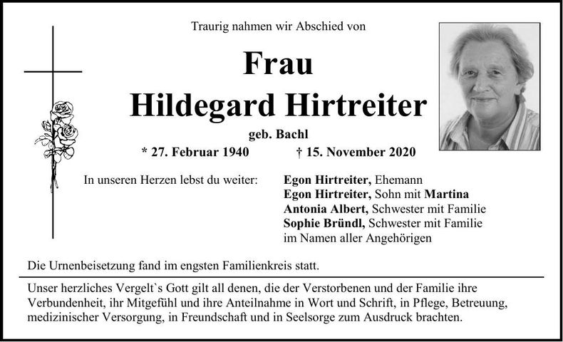 Traueranzeige Hildegard Hirtreiter