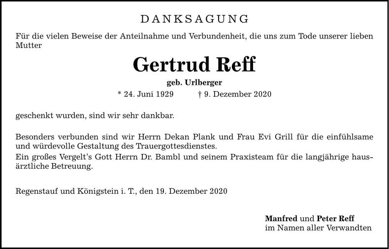 Traueranzeige Gertrud Reff