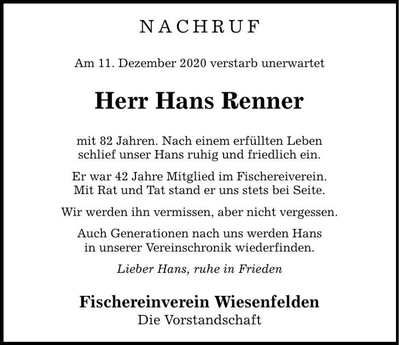 Traueranzeige Hans Renner