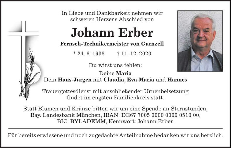 Traueranzeige Johann Erber