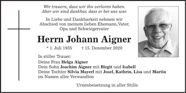Traueranzeige Johann Aigner