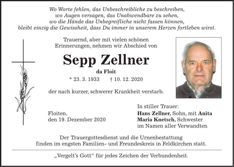 Traueranzeige Sepp Zellner