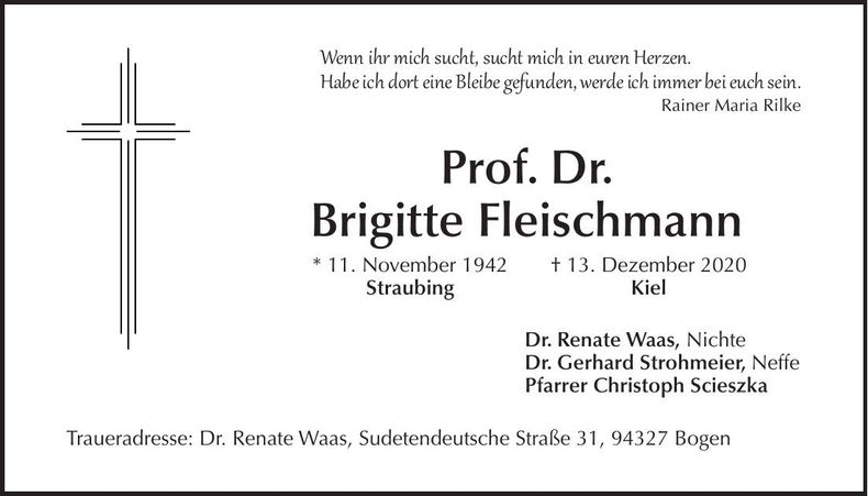 Traueranzeige Brigitte Prof. Dr. Fleischmann