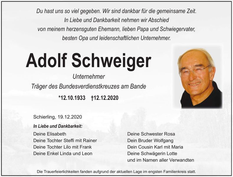 Traueranzeige Adolf Schweiger