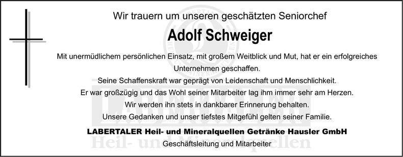 Traueranzeige Adolf Schweiger