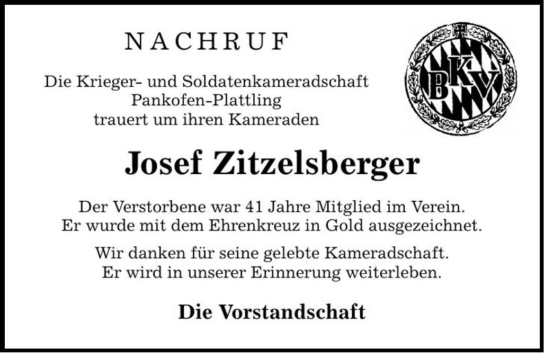 Traueranzeige Josef Zitzelsberger