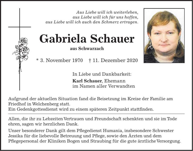 Traueranzeige Gabriela Schauer