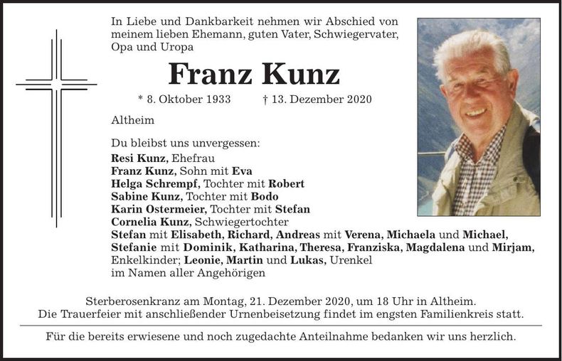 Traueranzeige Franz Kunz