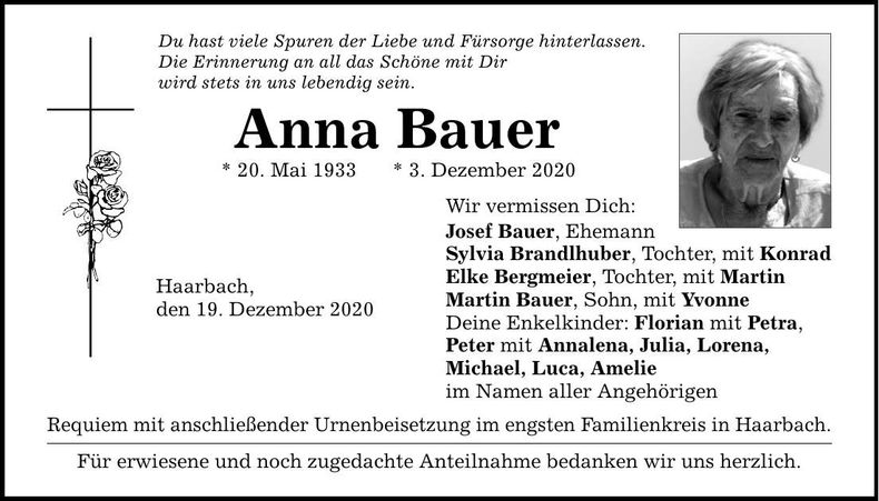 Traueranzeige Anna Bauer