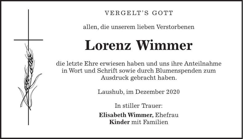 Traueranzeige Lorenz Wimmer